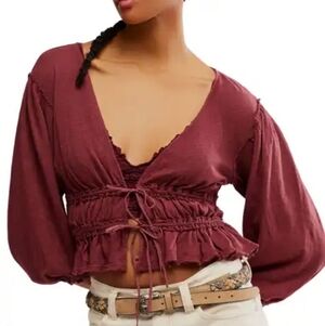 634-Free People Maroon Smocked Blouse